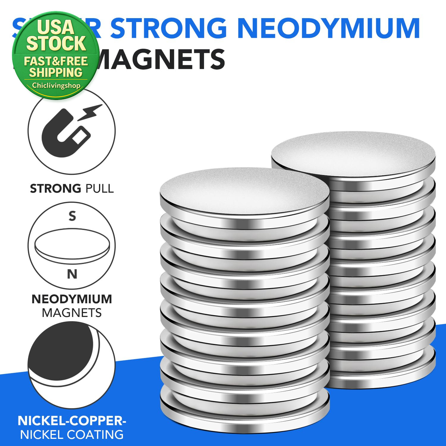 Neodymium Disc Magnets 1.26 Inch Diameter Rare Earth Strong Adhesive 6 Pack