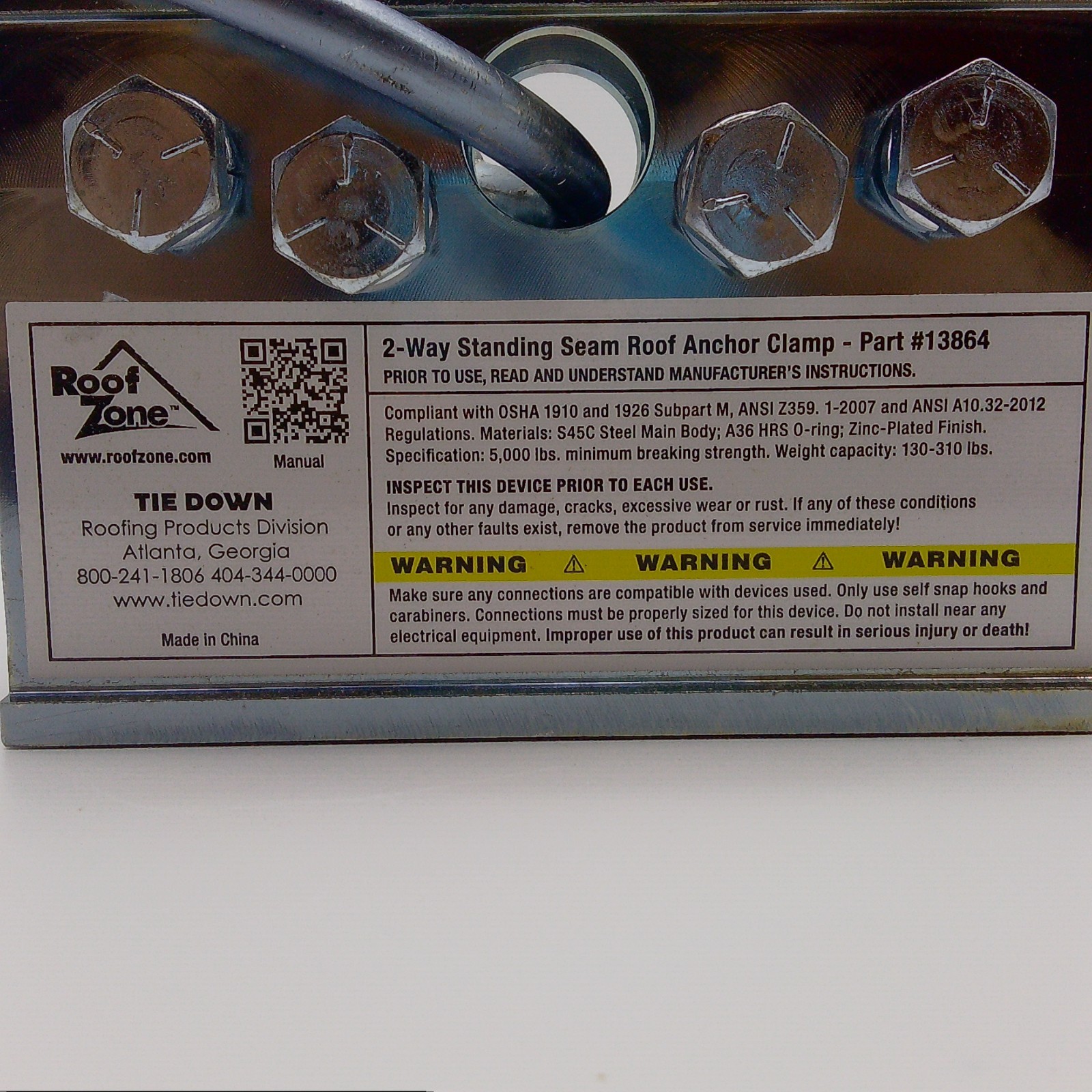 Roof Zone 2-Way Standing Seam Anchor Clamp Tie Down PART No. 13864