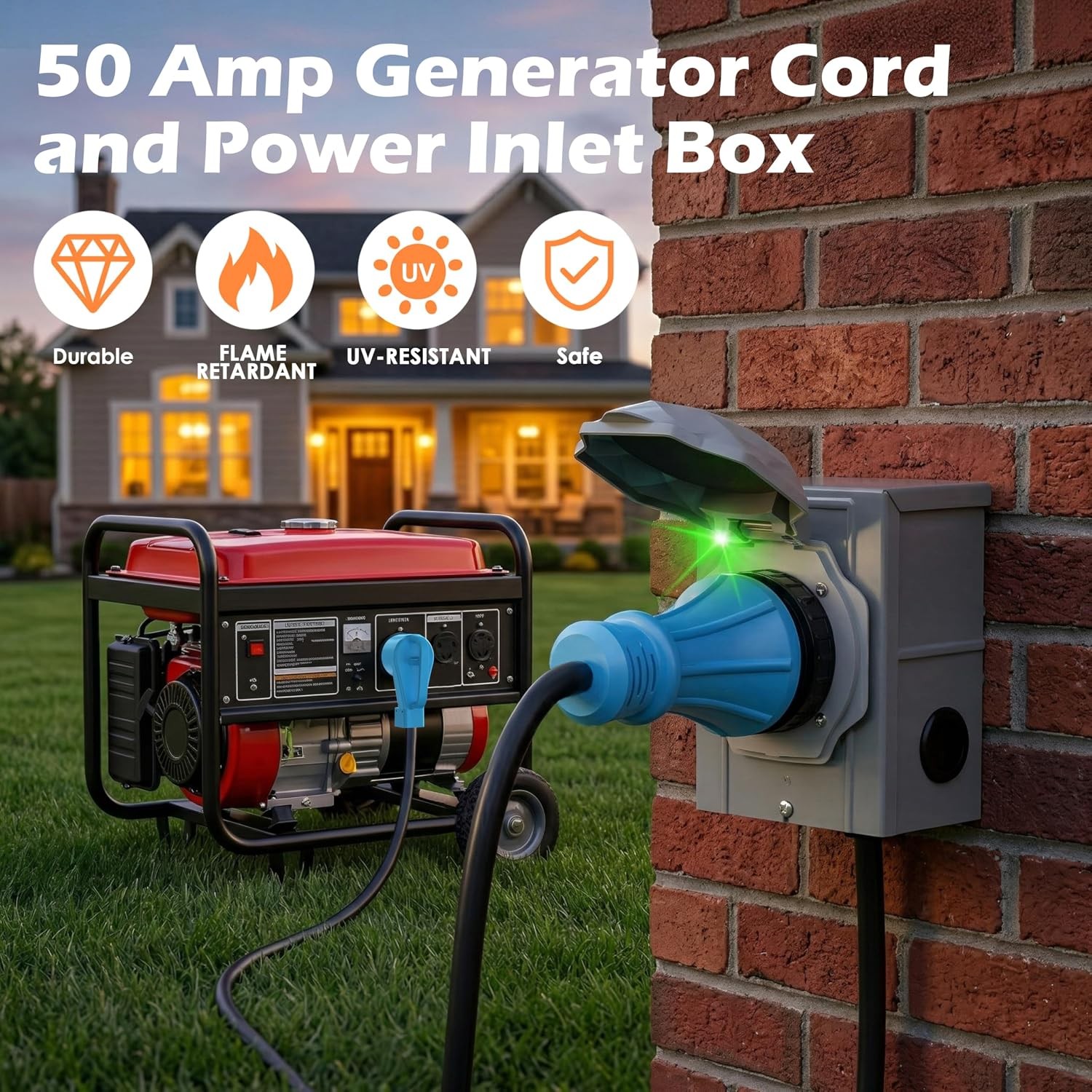 50 Amp 10FT Generator Cord and Power Inlet Box Combo Kit with Inlet Box