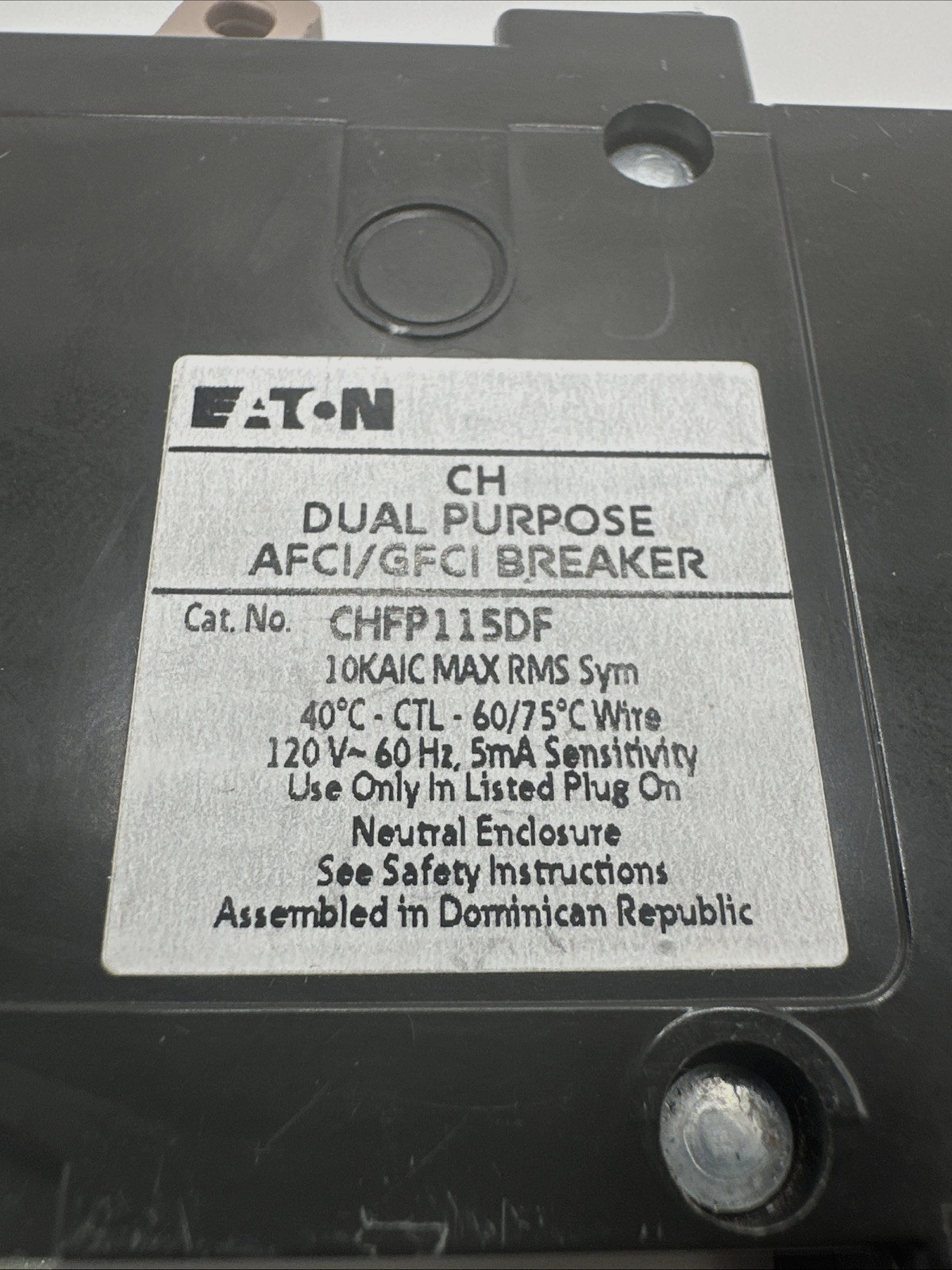Eaton CHFP115DF 15Amp 1 Pole 120V Plug In Neutral Dual Purpose AFCI GFCI Breaker
