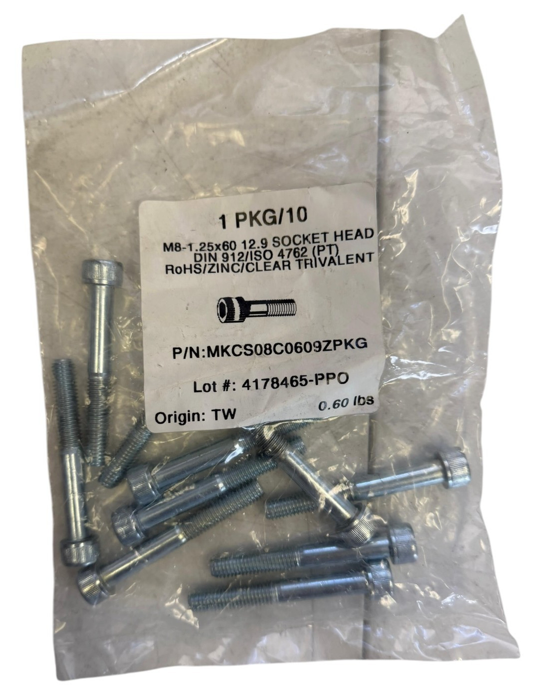 M8-1.25×60 Socket Head Cap Screws DIN 912 ISO 4762 12.9 Zinc 10 Pack