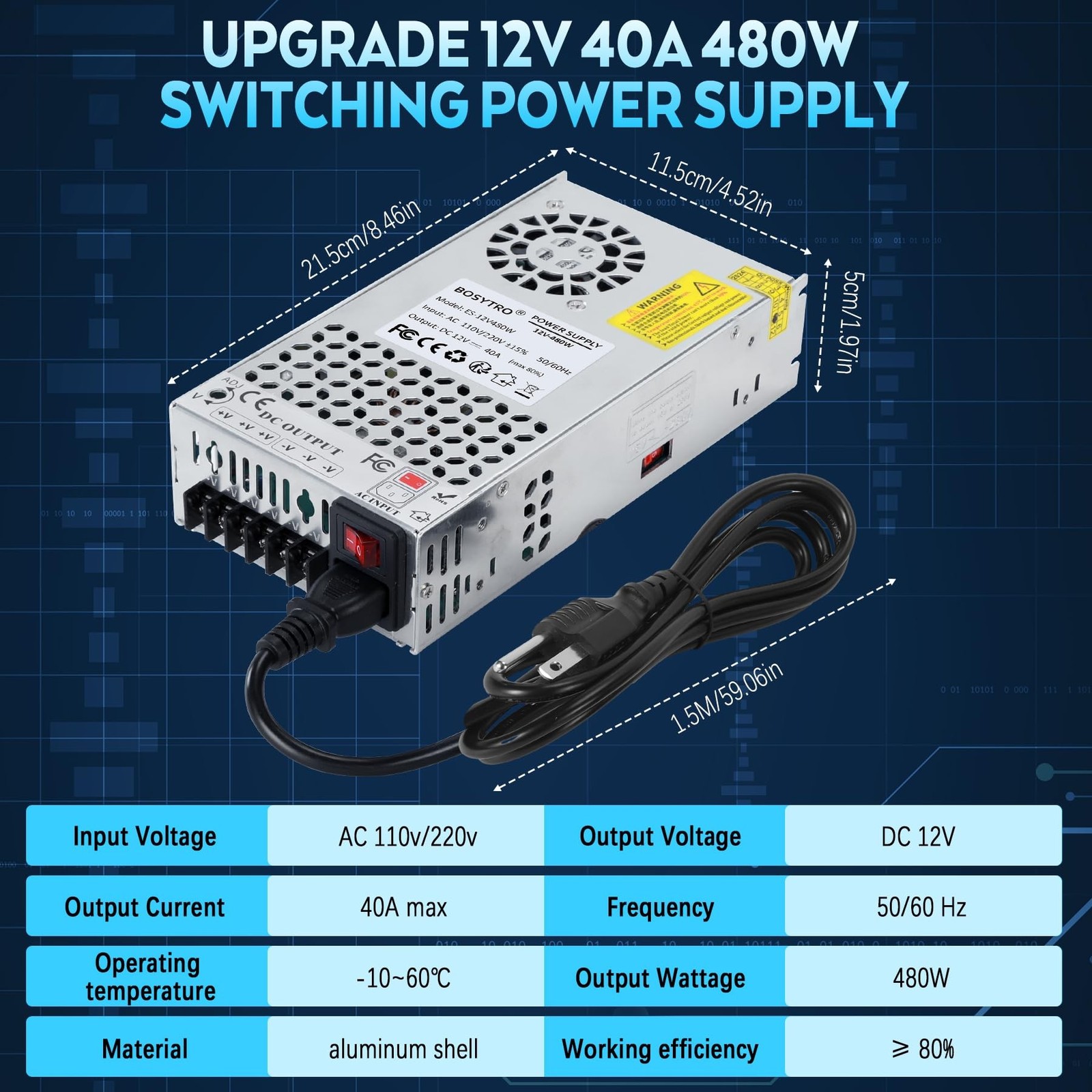 Upgraded 12V DC Power Supply 480W 40A AC to DC Converter Switching Power Supp…