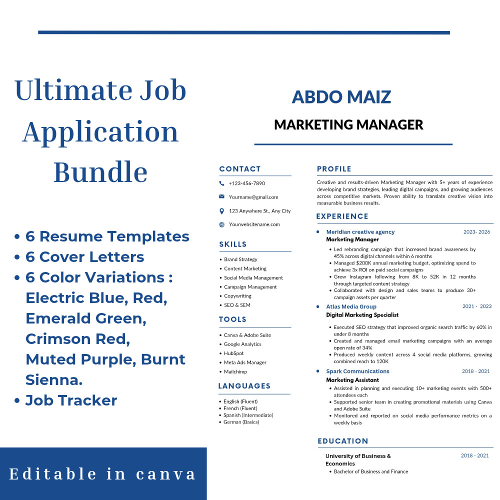 6x Resume Template Bundle Matching Cover Letter Job Tracker Spreadsheet Canva CV