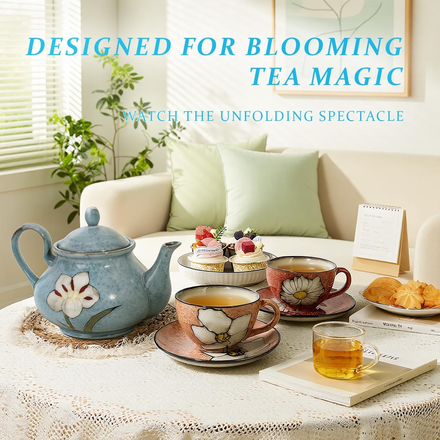 Ceramic Teapot 30 oz, Under-Glaze Hand-Painted Porcelain Tea Pot for Blooming