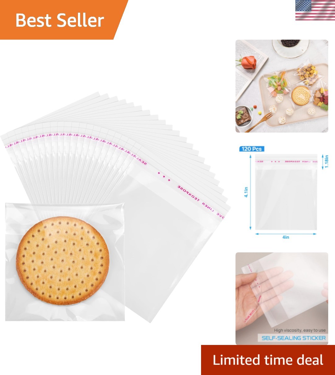 4X4 Inch 120Pcs Clear Cellophane Bags with Seal, Adhesive Cookie Bag for DIY,…