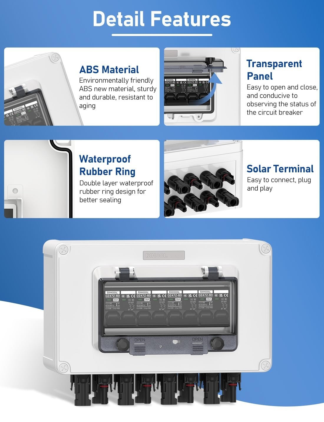 Solar Panel Disconnect Switch 4 String 30 Amp DC Circuit Breaker Box 4 in 4 Out