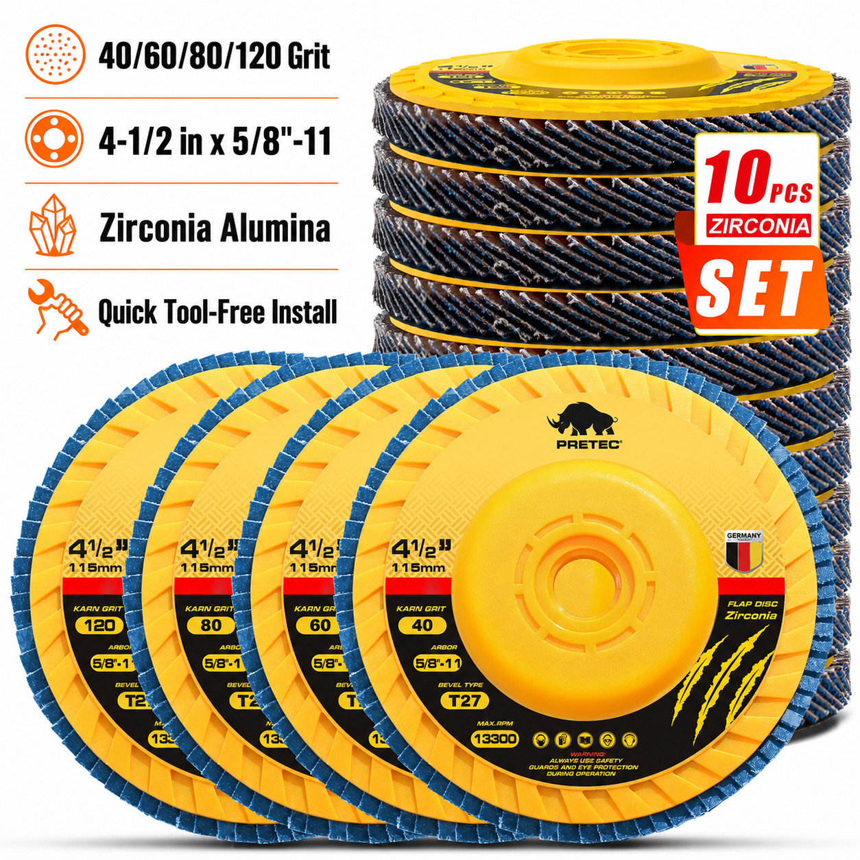 4.5 inch Zirconia Flap Discs 40/60/80/120 Grit Grinding Sanding Wheel Tool-Free