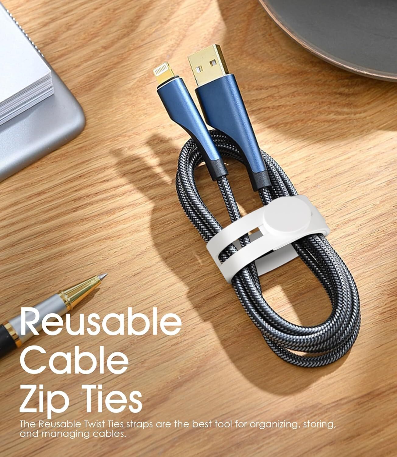 20Pcs Nearockle Reusable Cable Ties, Adjustable Silicone Cord 20pcs-white