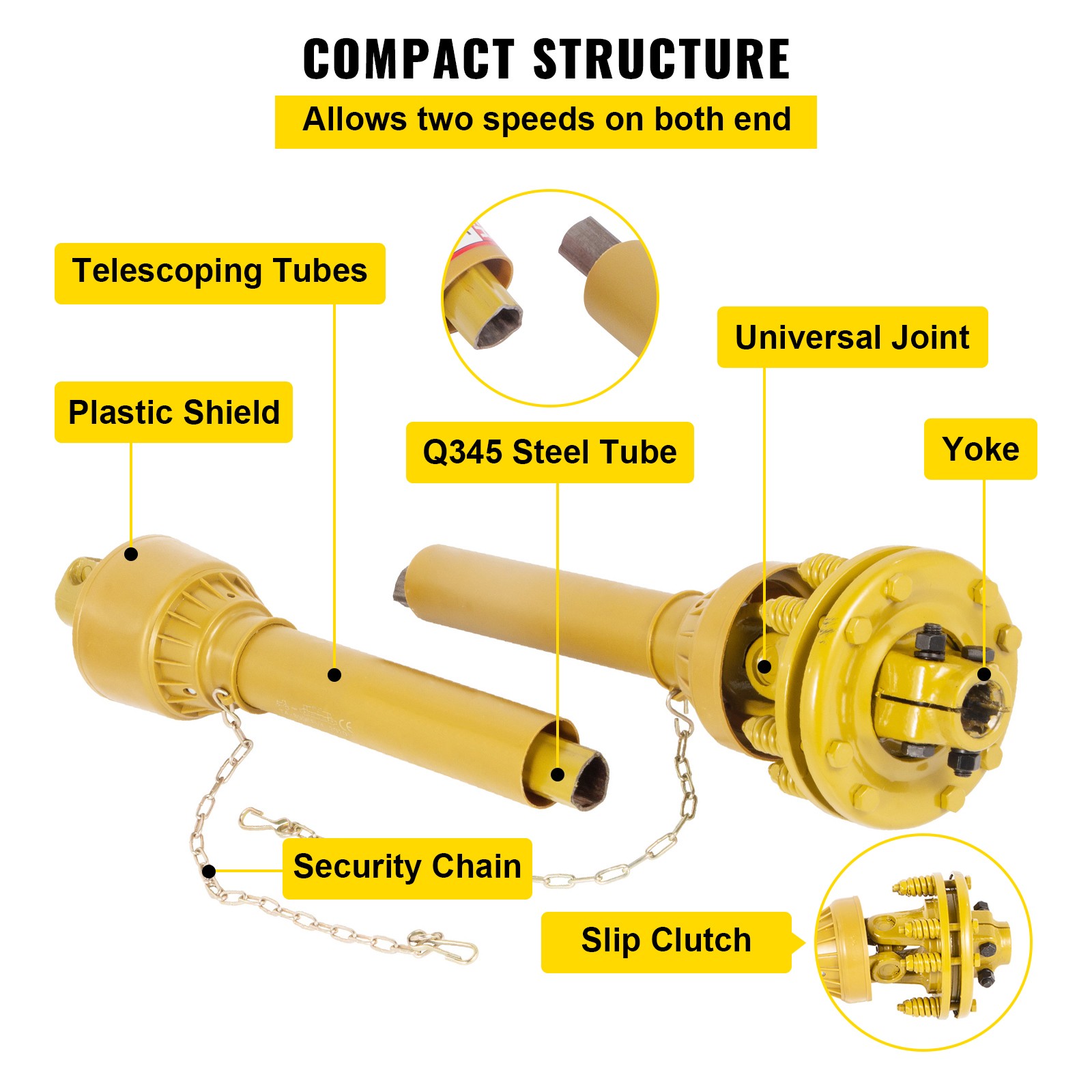 VEVOR PTO Shaft PTO Drive Shaft 1-3/8″x6 Spline w/Slip Clutch Yellow T4 31.5-41″