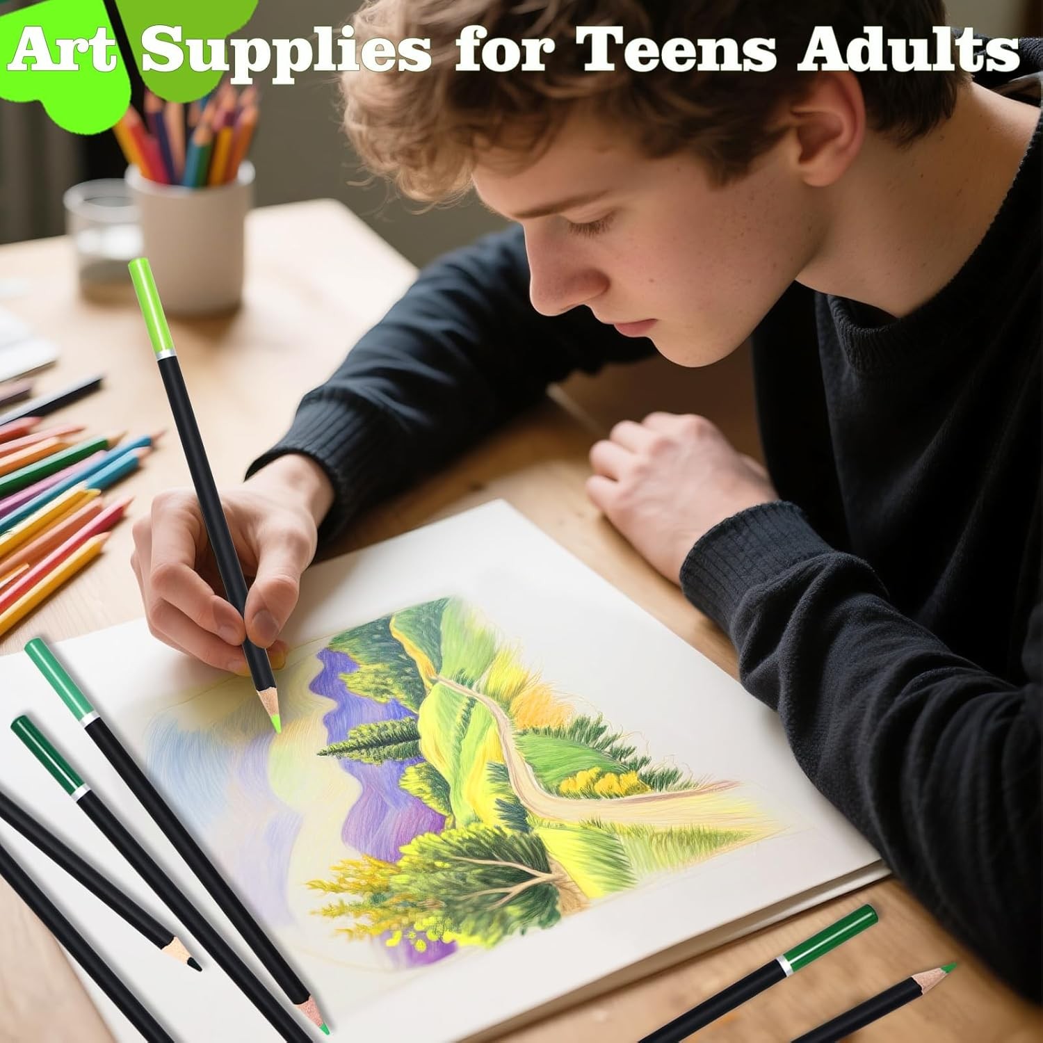 12 Colors Green Colored Pencils for Teens Adults, Oil Based Wooden Colored