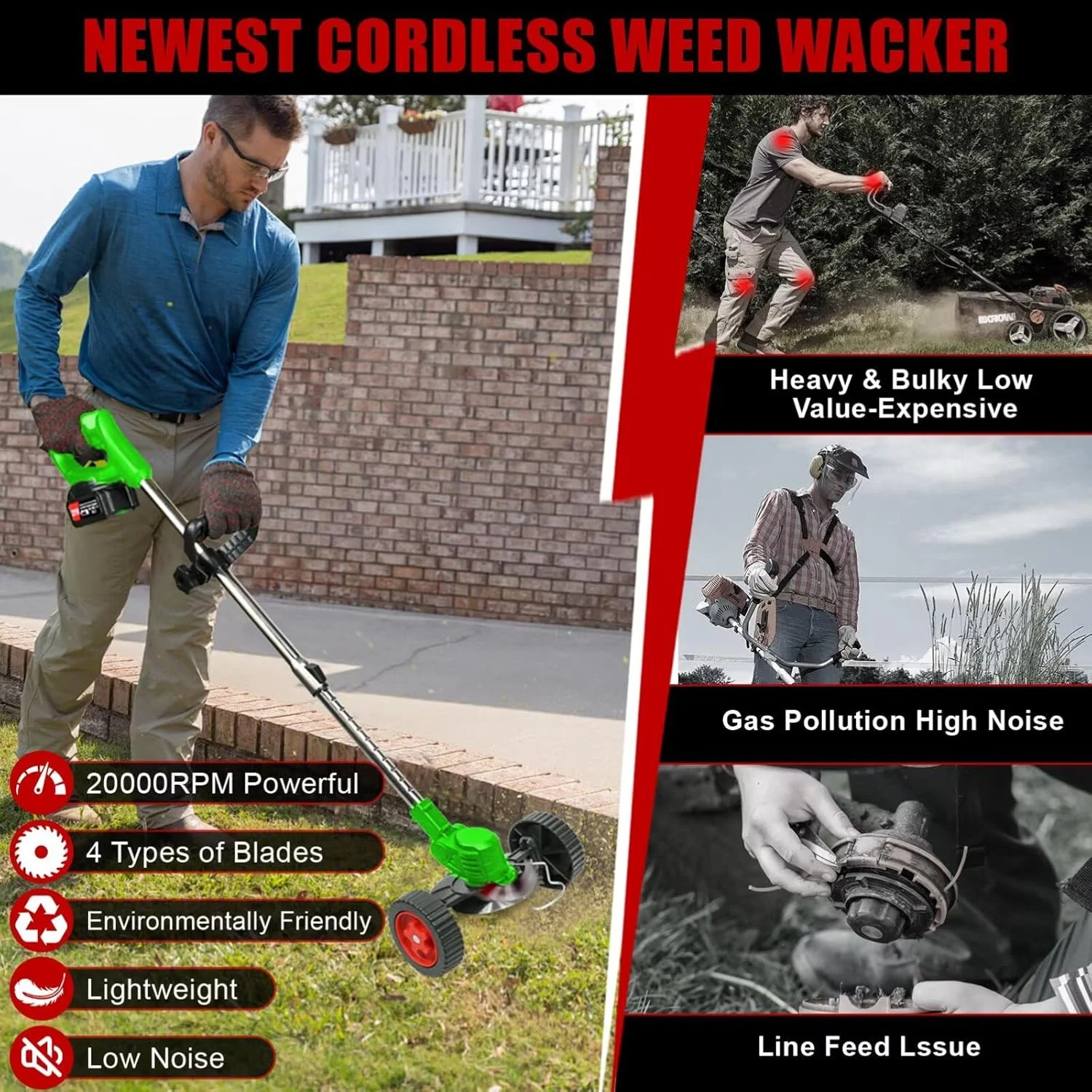 Cordless Weed Wacker with 2 Batteries, Lightweight 21V Weed Trimmer with Wheels,