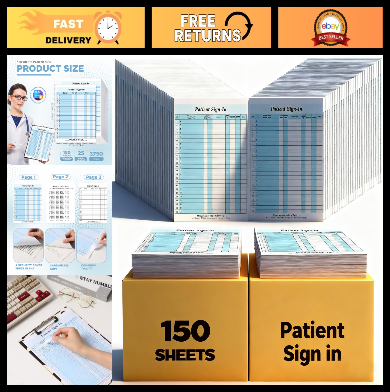 150 Pack Carbonless Patient Sign-In Sheets 3-Part HIPAA Compliant Labels 8.5×11