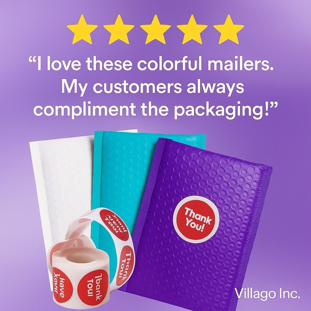 100 4×8 Color Bubble Mailers White Blue Teal Purple + 100 Thank You Stickers