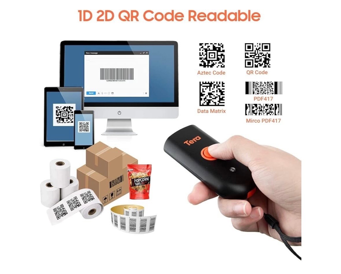 Tera Mini 1D 2D QR Wireless Barcode Scanner Waterproof Shockproof Pocket Orange