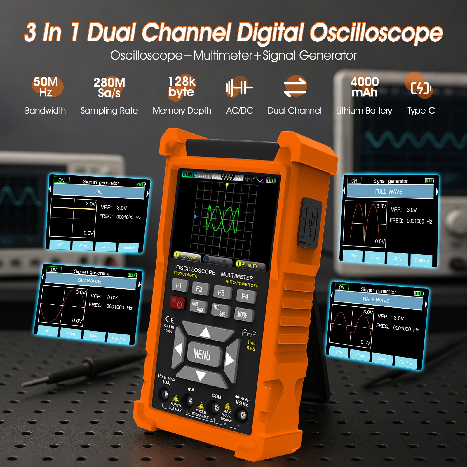 Digital 3in1 Oscilloscope Multimeter AUTO Signal Generator 1000V 50MHz Handheld