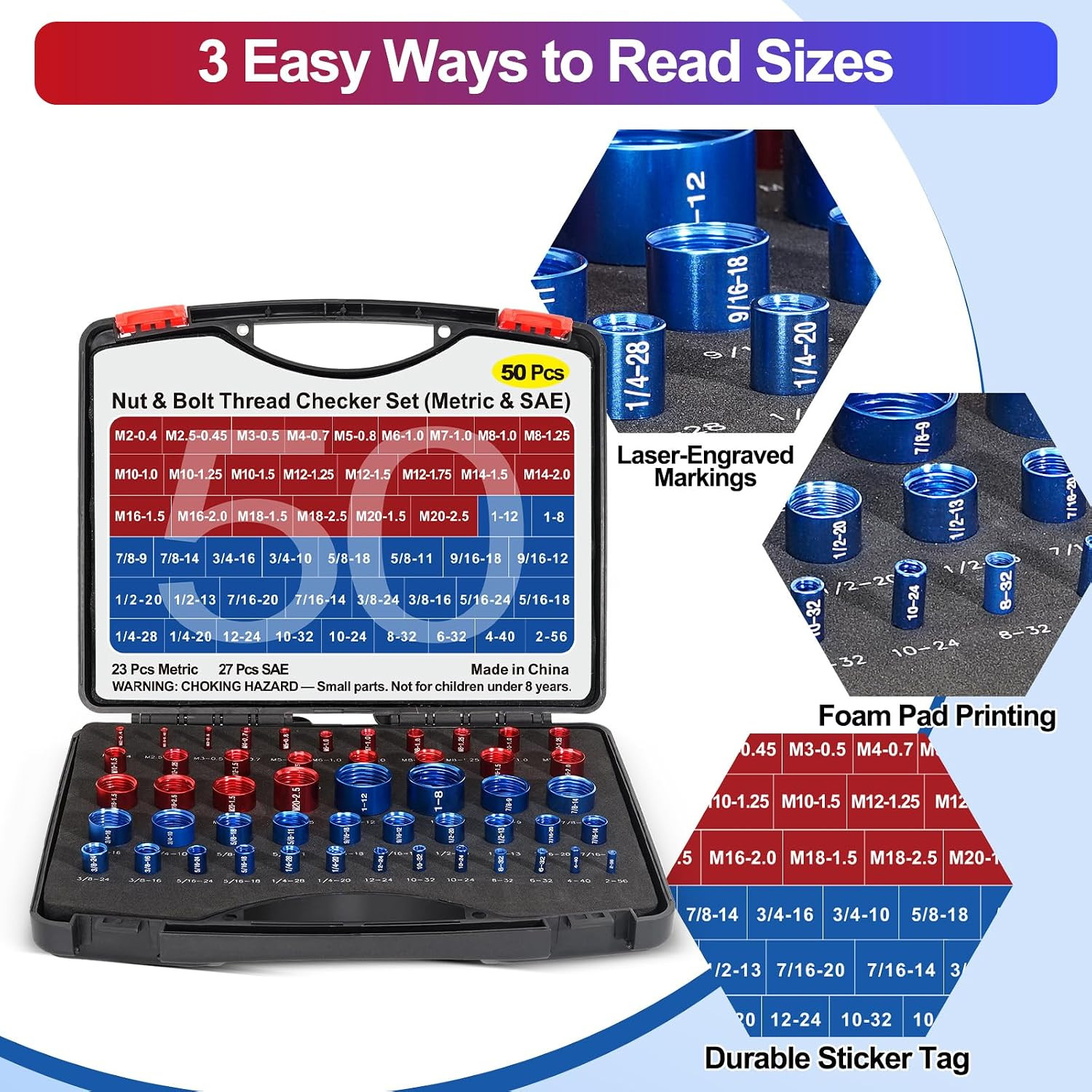 50 Pcs Thread Checker Bolt Size Finder Nut Gauge Set 23 Metric 27 SAE Box