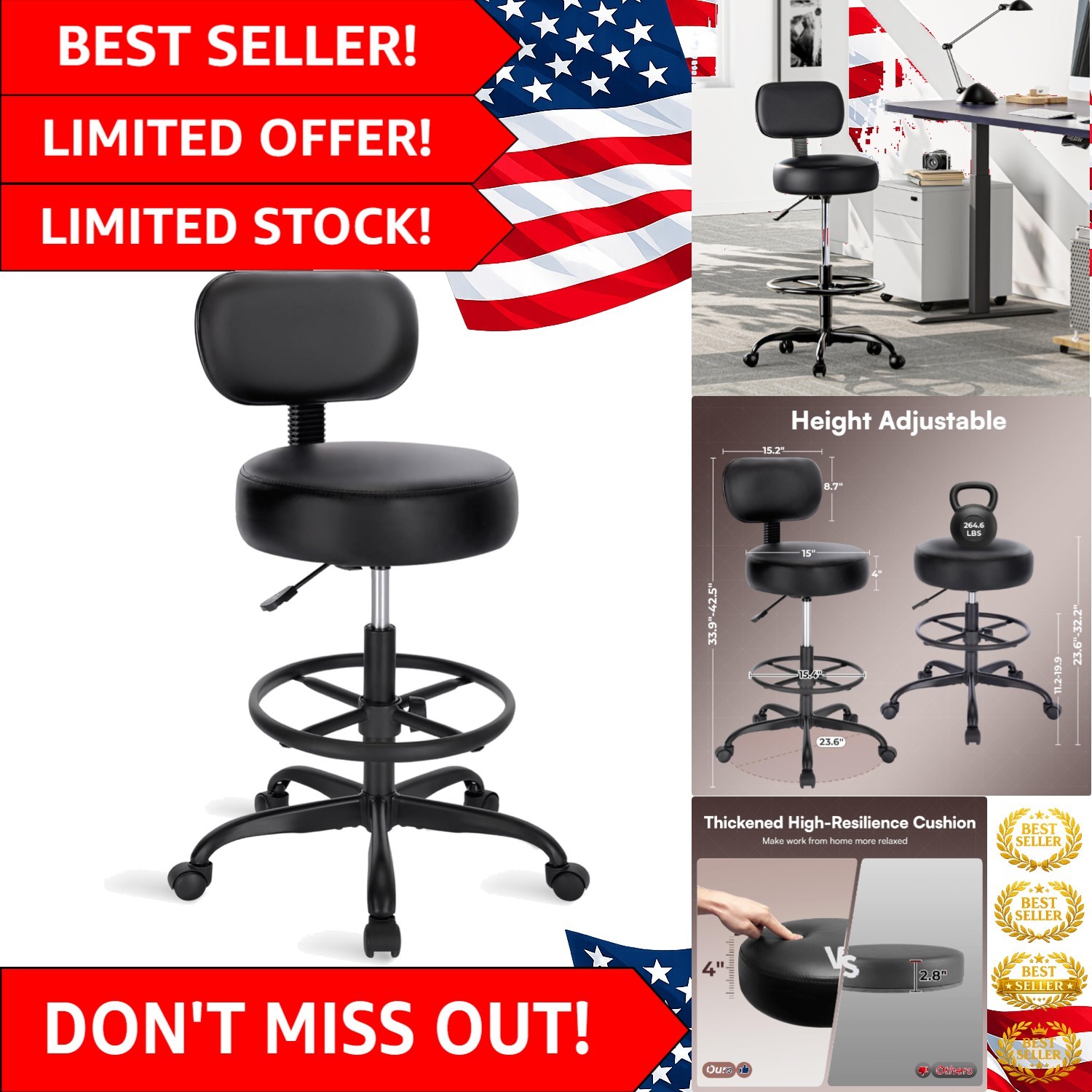 Drafting Stool with Backrest, Adjustable Footrest & High-density Cushion