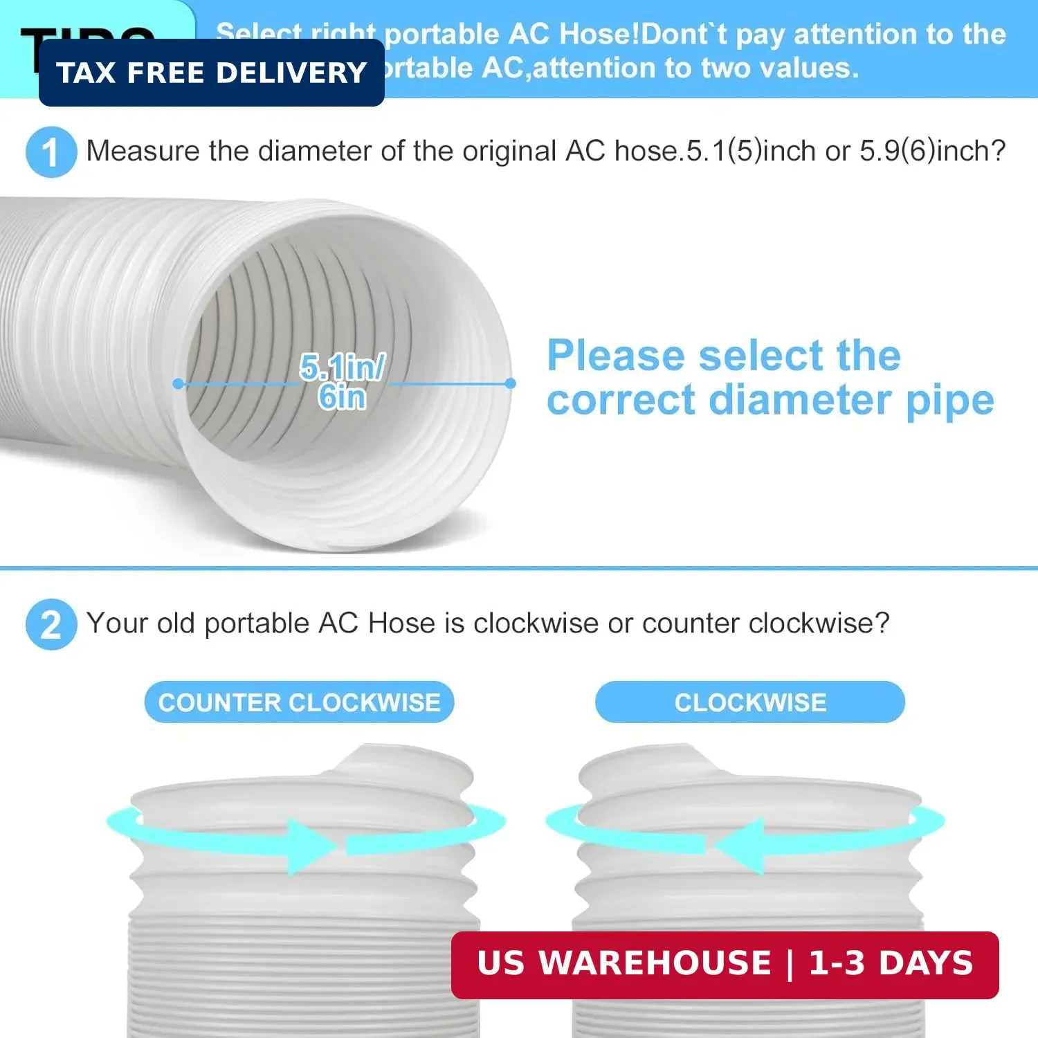 5 Inch Portable AC Air Conditioner Hose Anti-Clockwise Thread & Length up to 80″