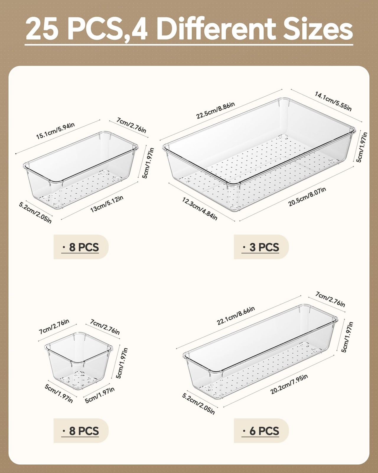KEMETHY 25 PCS Plastic Drawer Organizers Set, 4 Sizes Vanity Organizer Clear