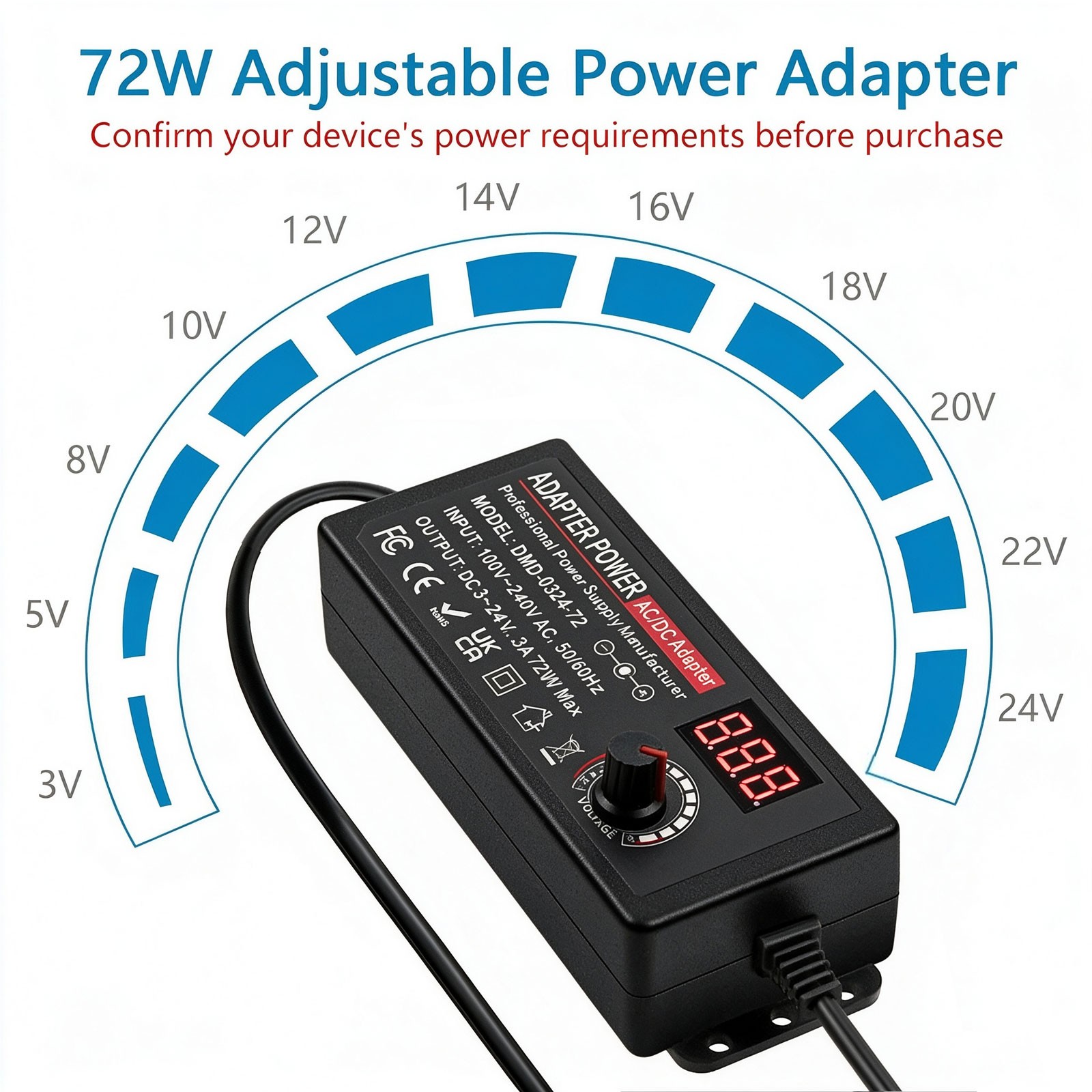 72W Power Supply DC 3V~24V Adjustable Variable Universal Switching AC/DC Adapter