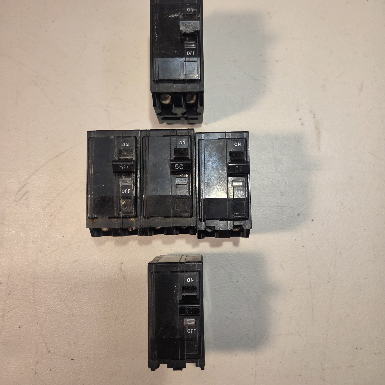 Lot of 5 Square D QO 2-Pole Circuit Breakers 20A 50A 60A Plug-In Pre-Owned