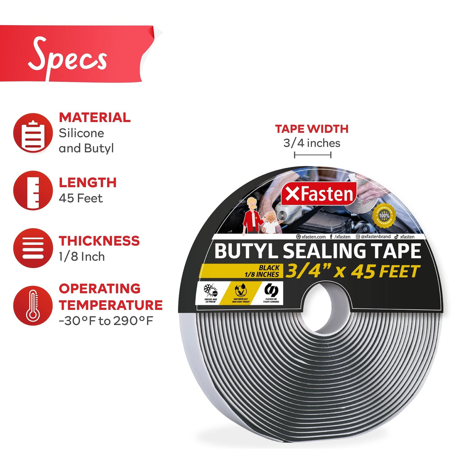 XFasten Butyl Tape RV Black, 3/4 in x 45 Ft, 1/8 in Thick EDPM Butyl Rubber S…