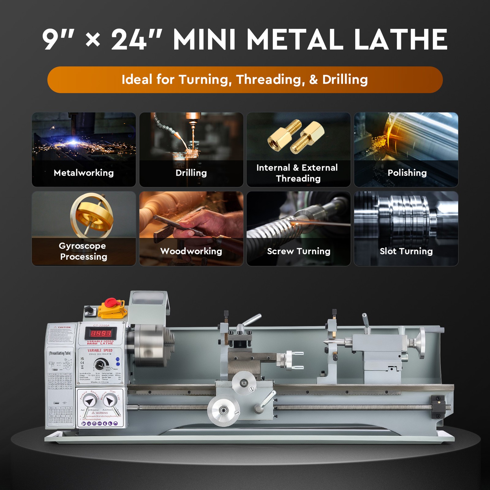 9×24″ Mini Metal Lathe 1100W DC Motor 3-Jaw Chuck LCD Display Metalworking