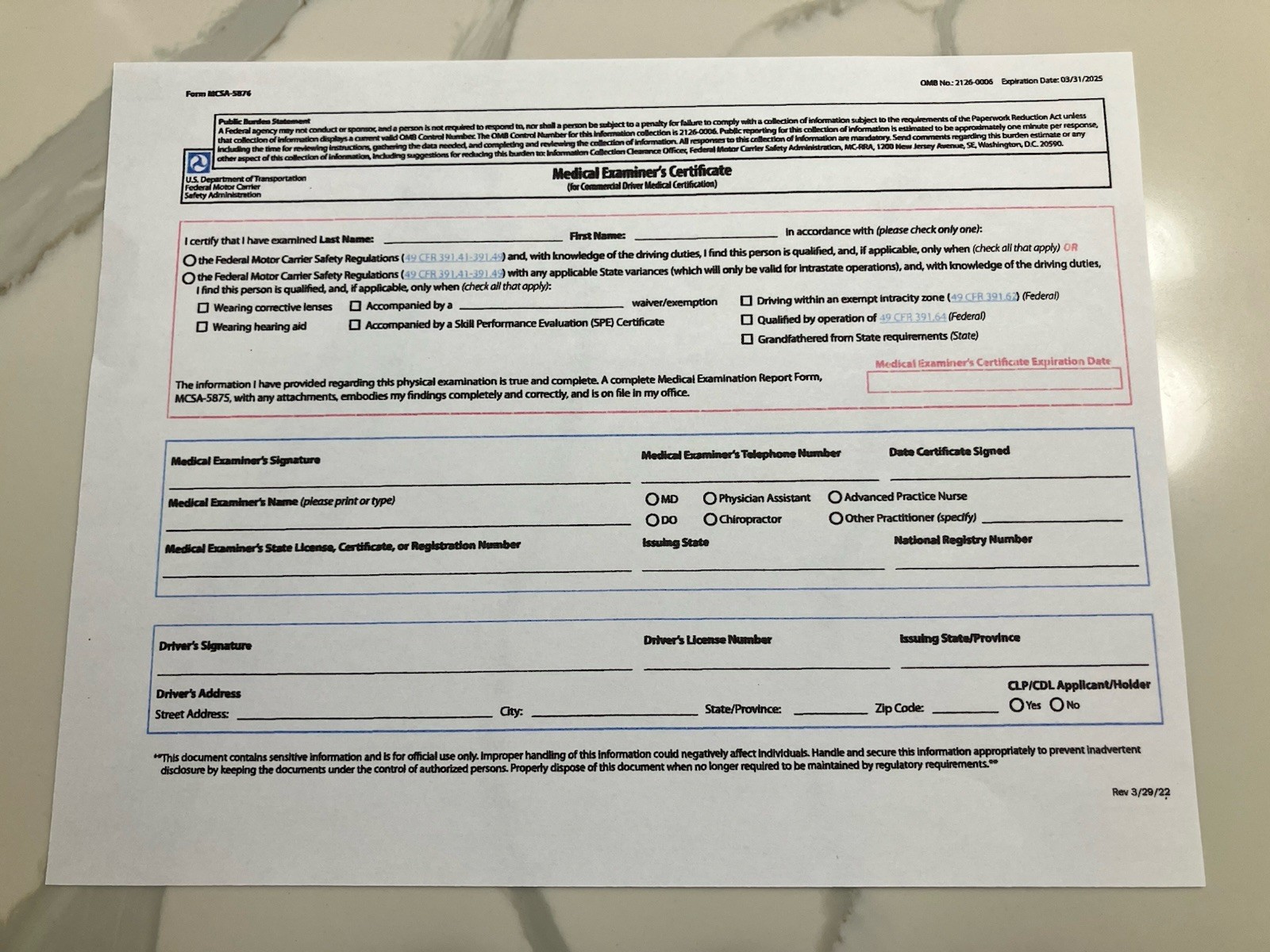 Medical Examination Forms MCSA-5875 and MCSA-5876 (20) Pack Of Each