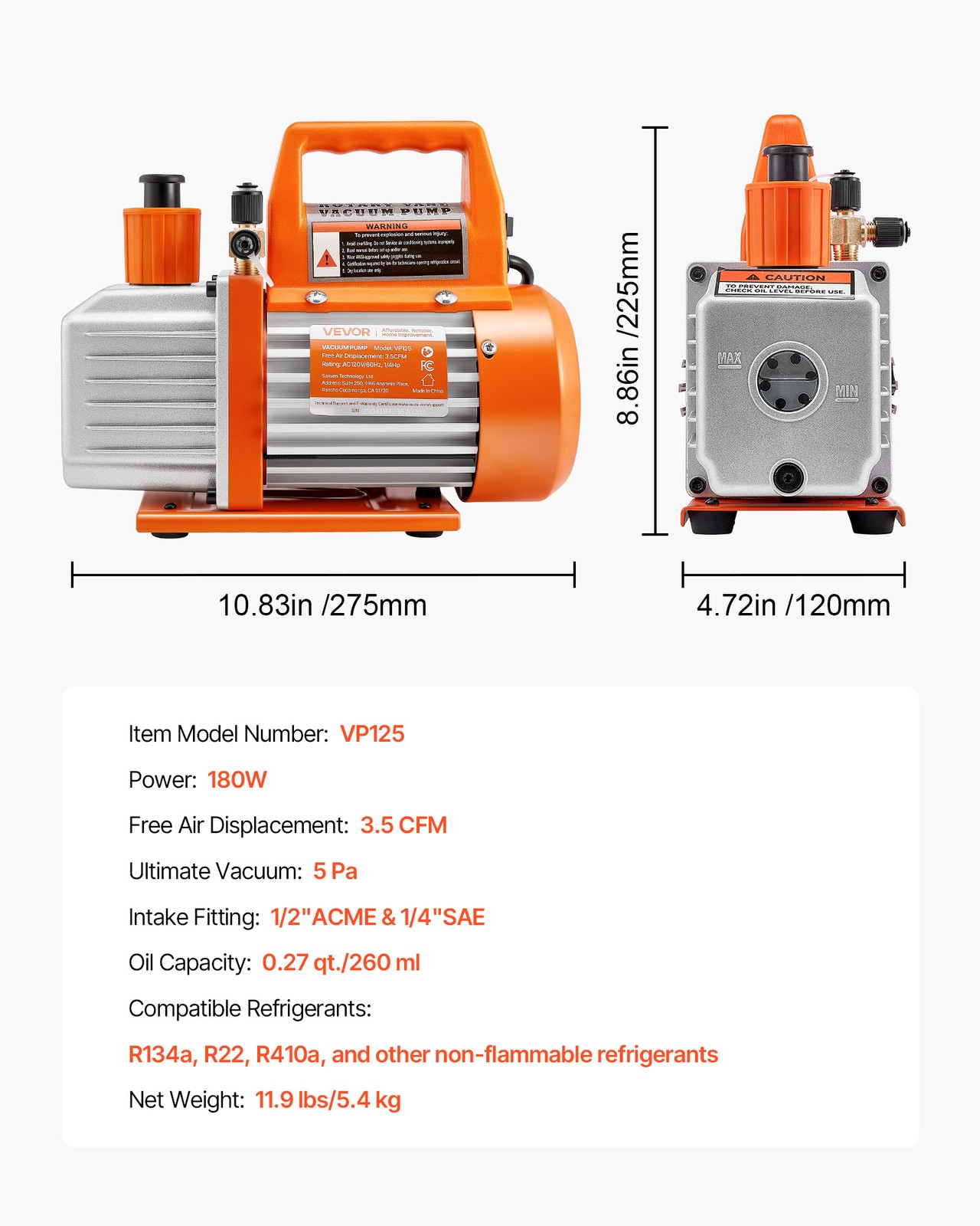 VEVOR AC Vacuum Pump 3.5 CFM HVAC Single Stage Rotary Vane Vacuum Pump