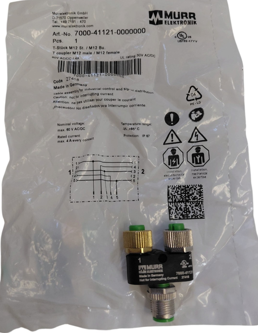Murr Elektronik 7000-41121-0000000 M12 T Coupler 5-Pin Male to Dual Female IP67