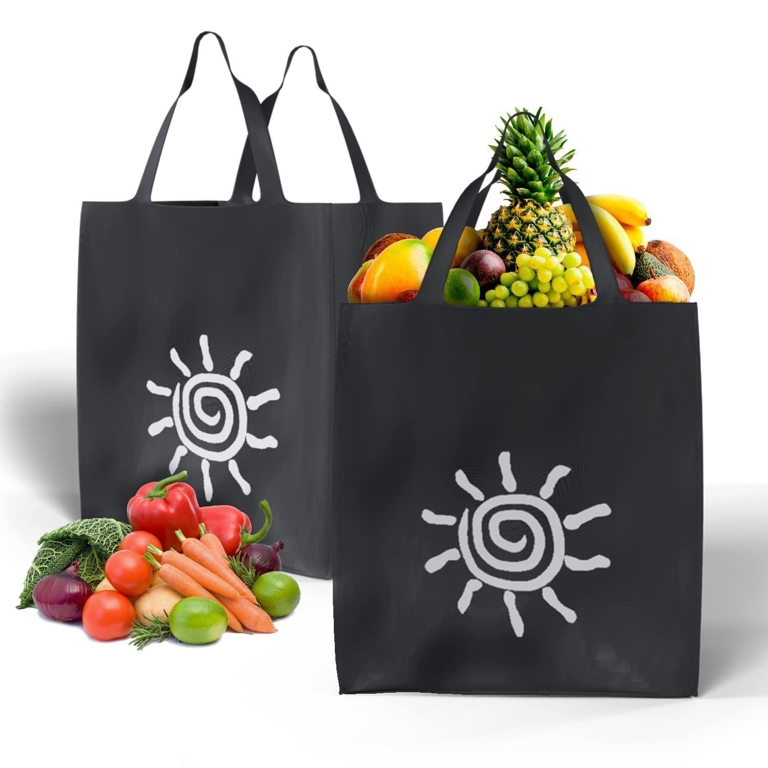 Black Shopping Bags Non-Woven Polypropylene Sun Print 100 Count 20 x 6 x 16 in