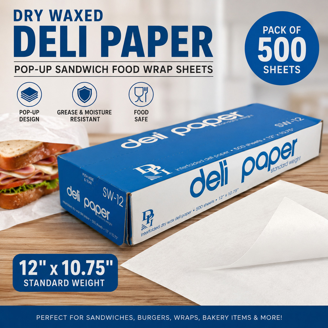 12×10.75 Dry Waxed Deli Paper Pop Up Sandwich Food Wrap Sheets 500 Pack