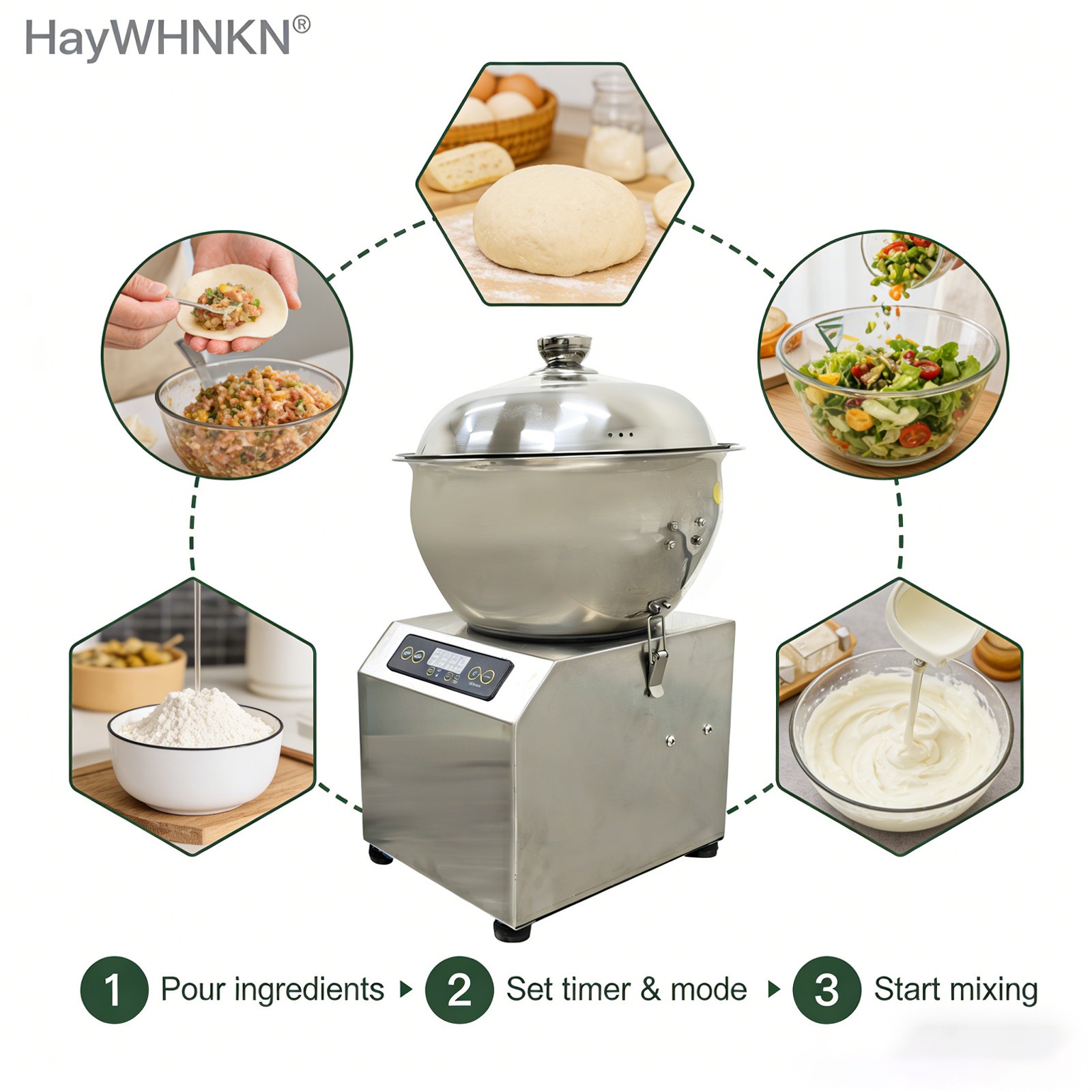 Commercial 8KG Dough Mixer w Detachable Basin, Auto Reverse, 3-Temp Heat & Lock