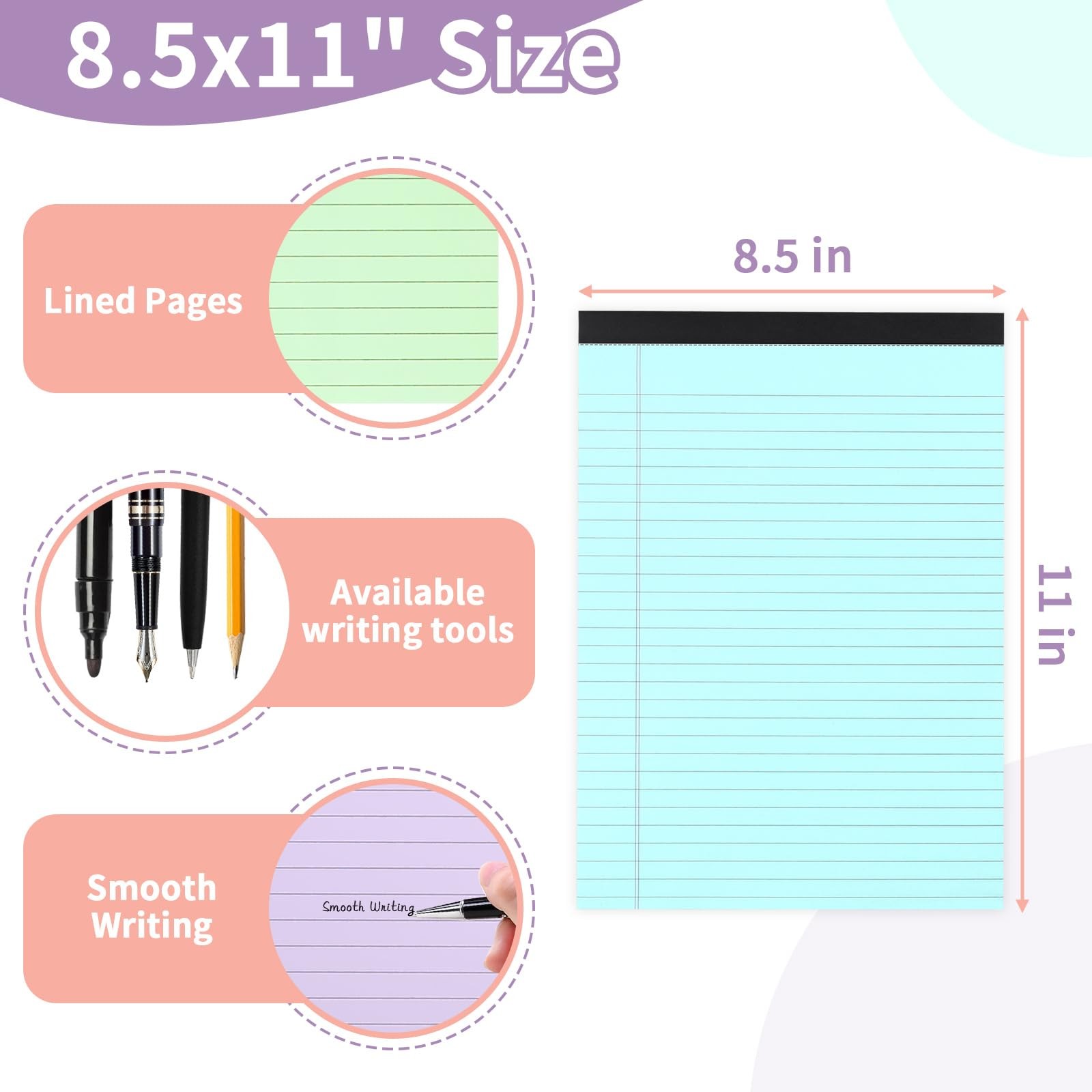 Colored Legal Pads, 3 Pack Writing Pads 8.5 x 11 inch, 3Pcs-8.5*11in, White