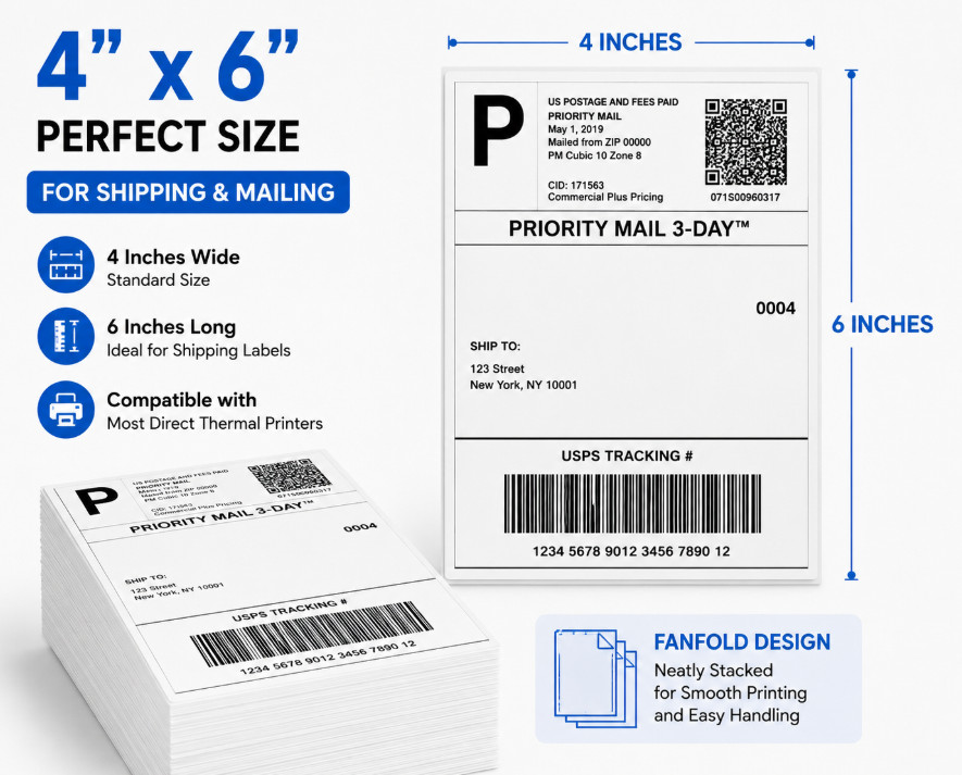 4″x6″ Fanfold Direct Thermal Shipping Labels for Zebra and Rollo Printers 500 PC