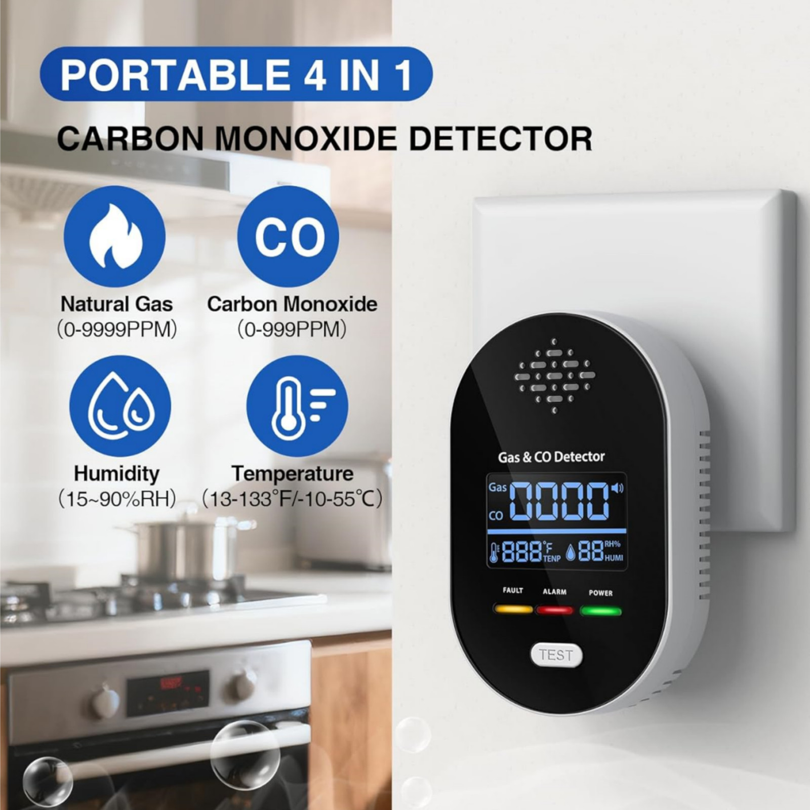 4-in-1 Carbon Monoxide Detector Warning Alarm Sensor LED Digital Gas Detector US