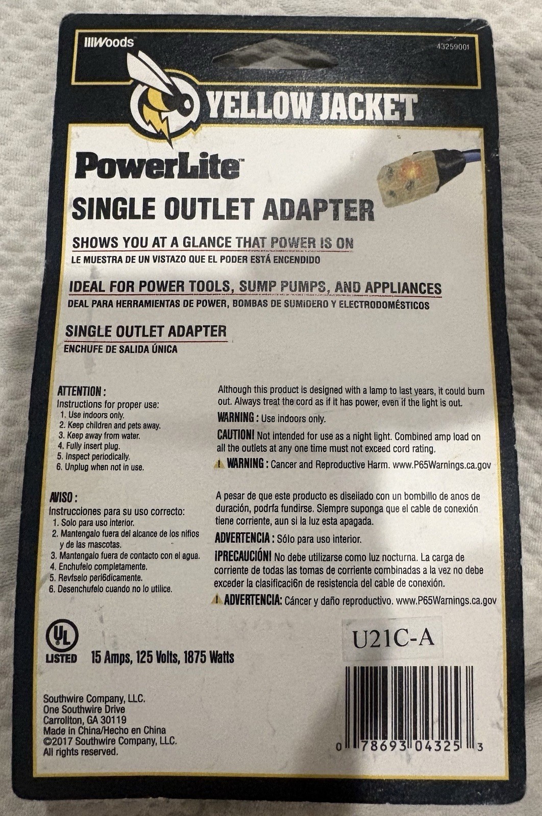 SOUTHWIRE YELLOWJACKET SINGLE OUTLET LIGHTED 15 AMP 125 VOLTS 1875 WATTS ADAPTER