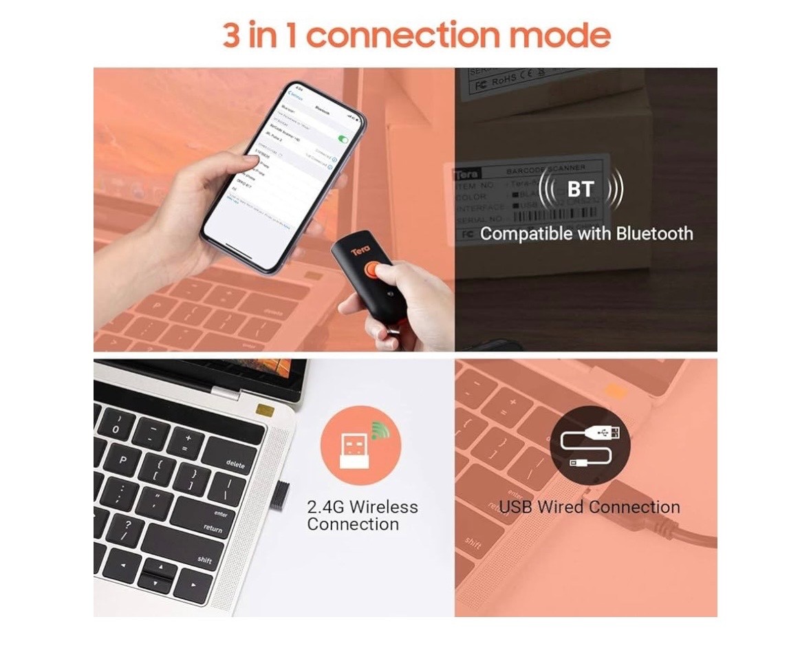 Tera Mini 1D 2D QR Wireless Barcode Scanner Waterproof Shockproof Pocket Orange