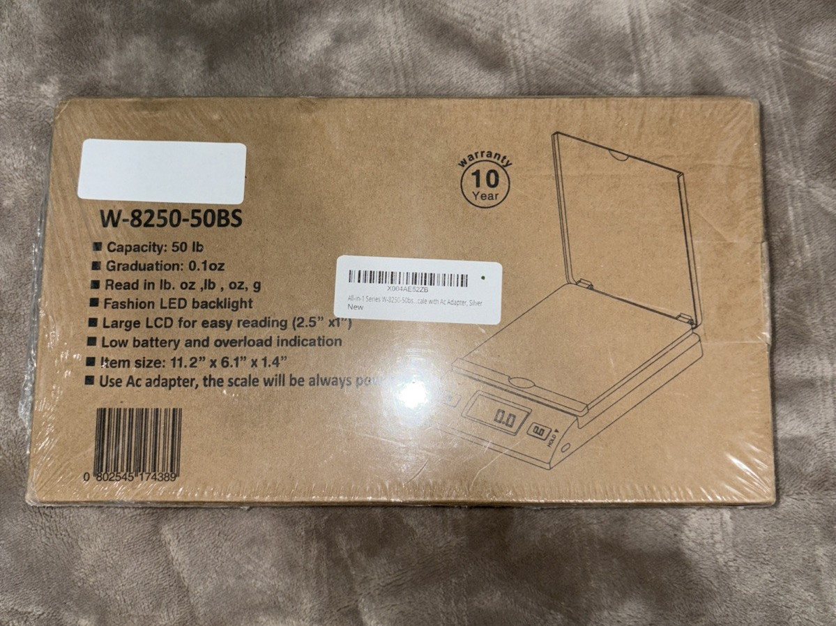 All-in-1 W-8250-50BS Digital Shipping Postal Scale w/ AC Adapter – 50lb, Silver