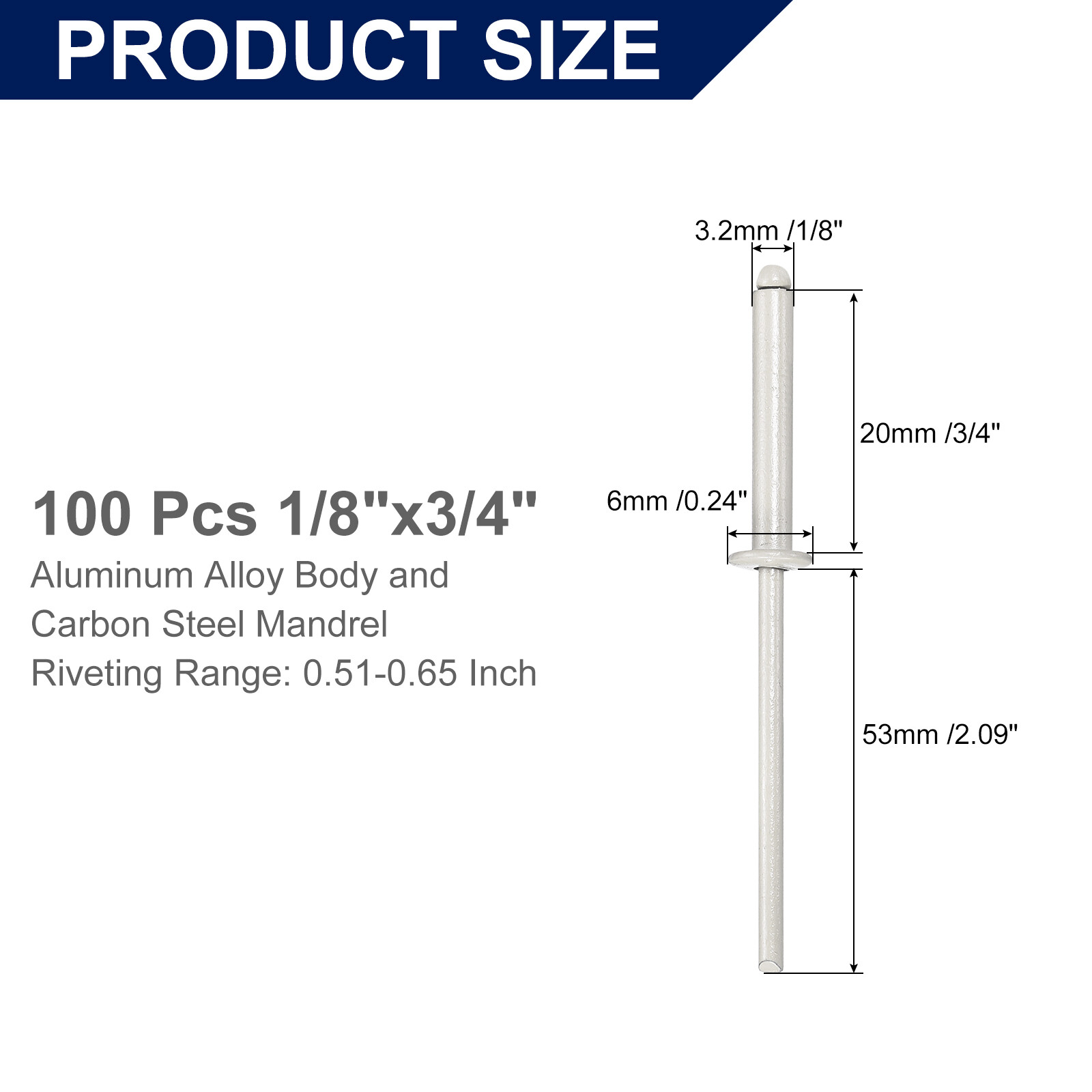 100Pcs 1/8″x3/4″ Aluminum Blind Rivets, Dome Head Long Split Rivets, Gray