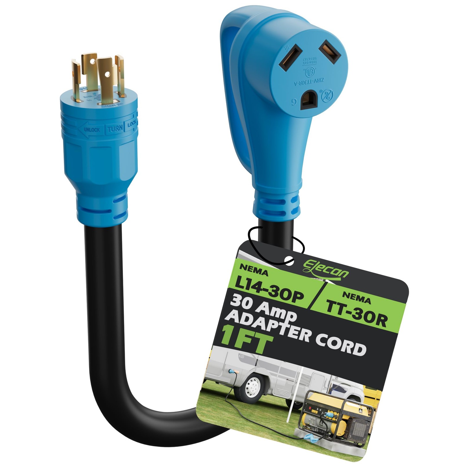RV Generator Locking Adapter Cord 1 Ft 4-Prong NEMA L14-30P to TT-30R 30A 7500W