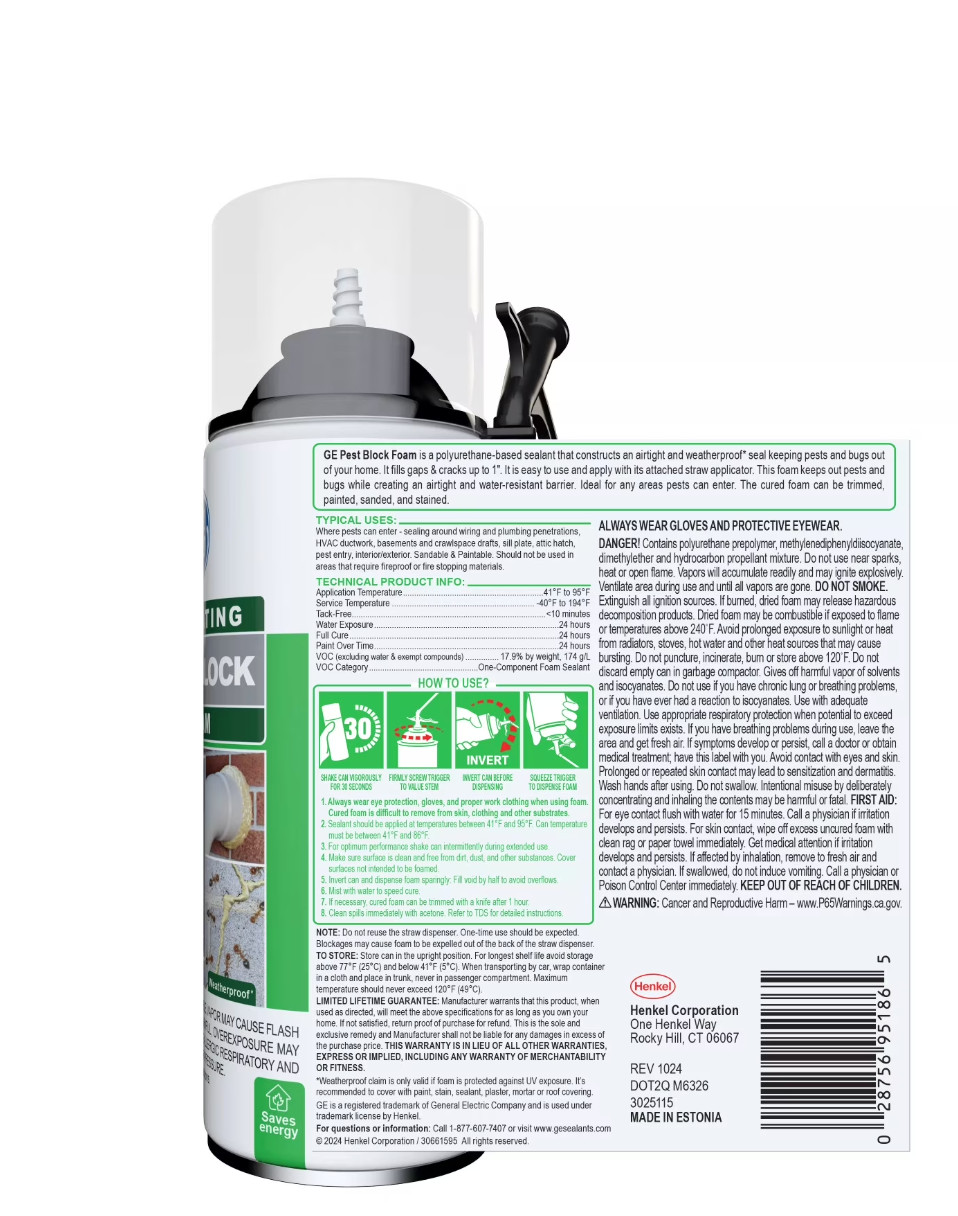 🚨TWO PACK 12 OZ CANS! New GE Pest/Rodent Block Insulating White Foam Sealant🚨