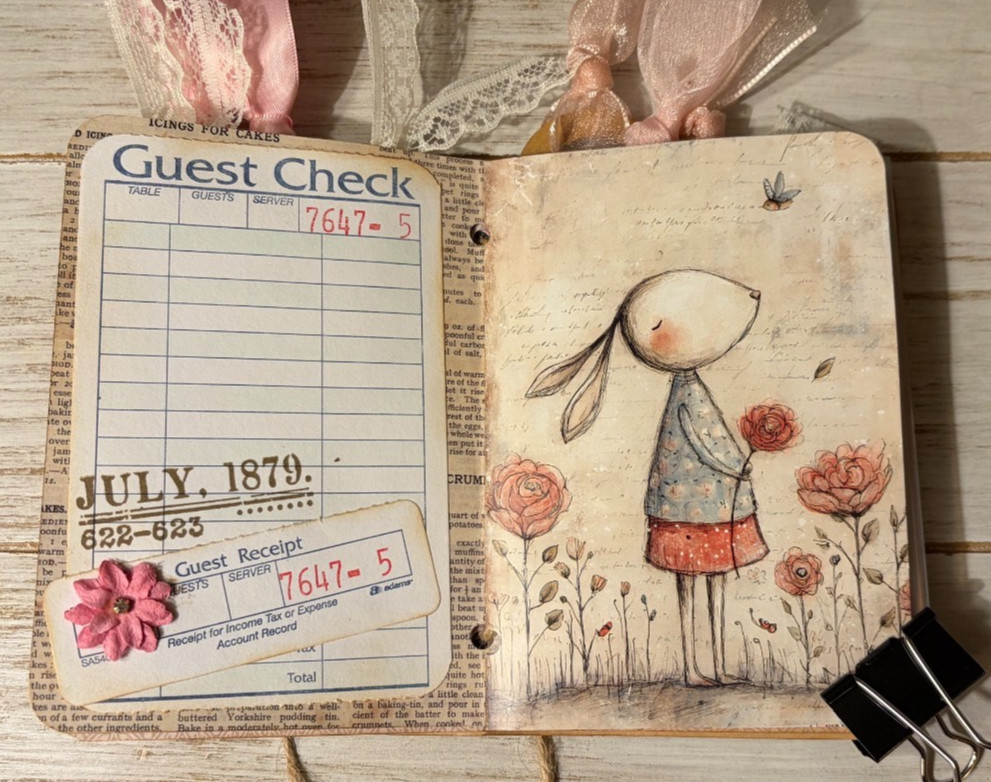 Junk Journal Handmade Booklet Book Vintage «Cute Animals» Pockets, Ephemera b