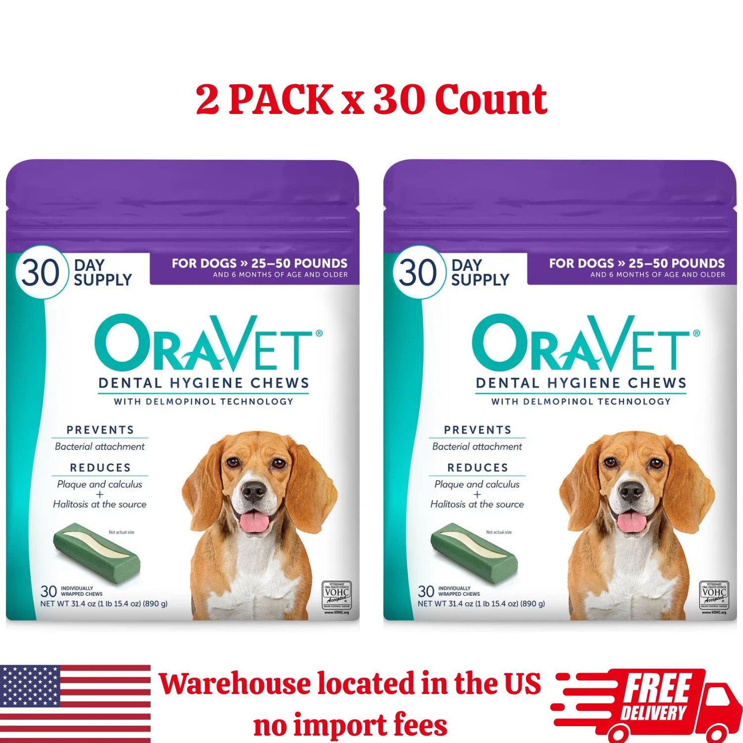 2 PACK OraVet Dental Hygiene Chews for Medium Dogs 25-50 Lbs 30 Count
