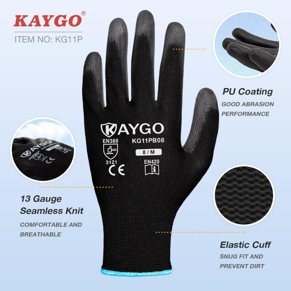 Safety Work Gloves for Men Women, PU Coated Palm & Fingers, KG11P | Smooth Grip,
