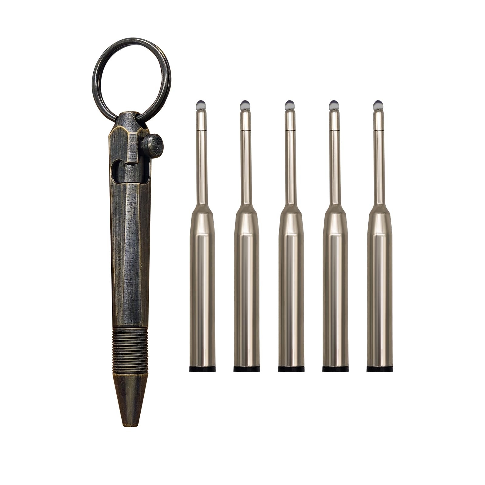 Mini Brass Bolt Action Keychain Pen 6 Piece Set 1 Pen + 5 Refills, Compact …