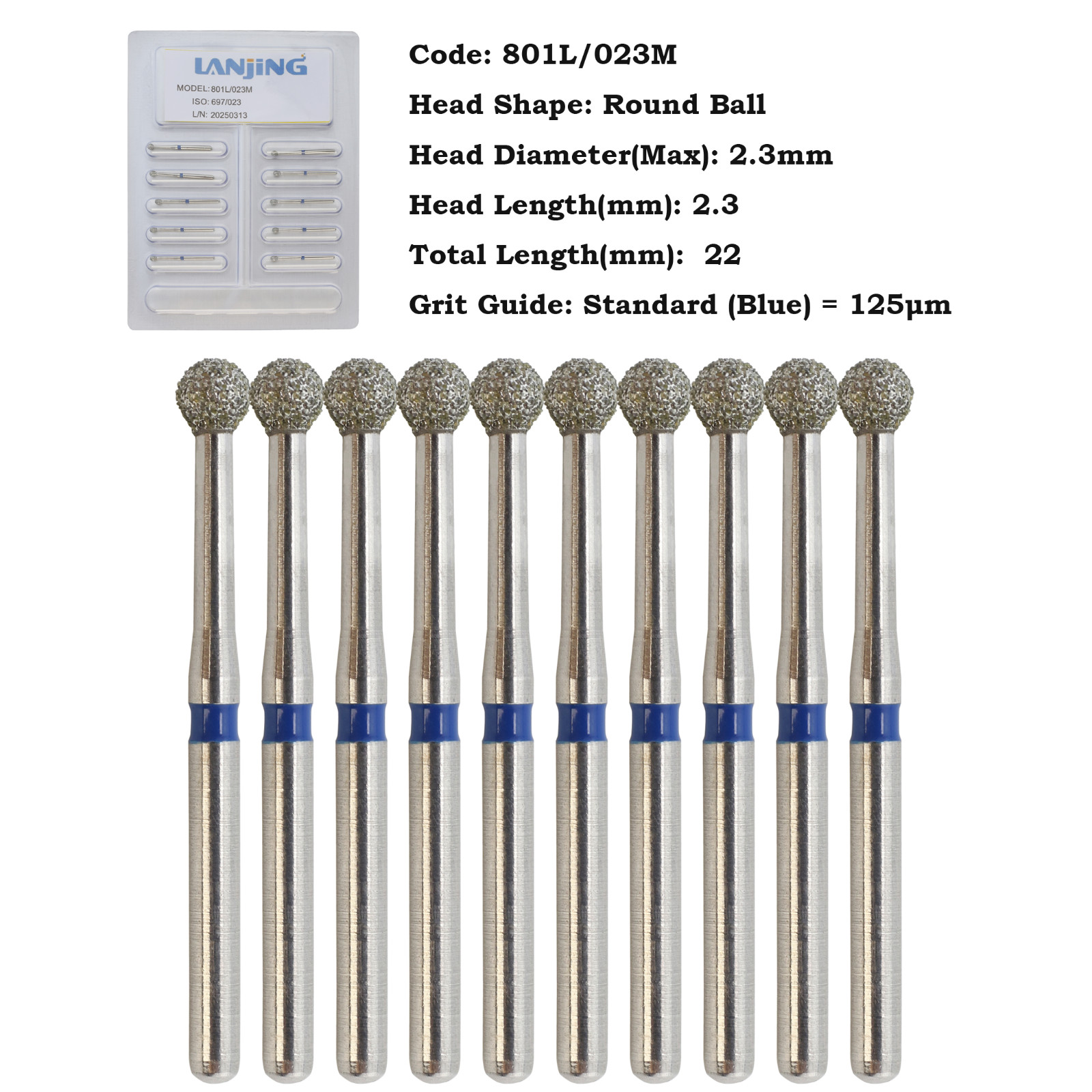 Multi-Use High Speed Diamond Burs Long Round Ball Burr Surgical FG 801/023C
