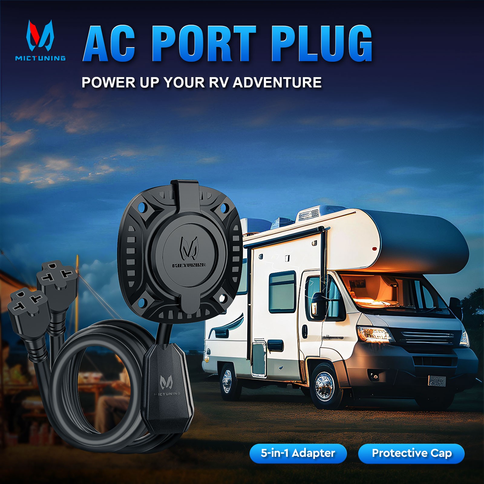5-in-1 AC Port Plug 20A Dual 12 AWG Extension Cords for Trailers Trucks Campers