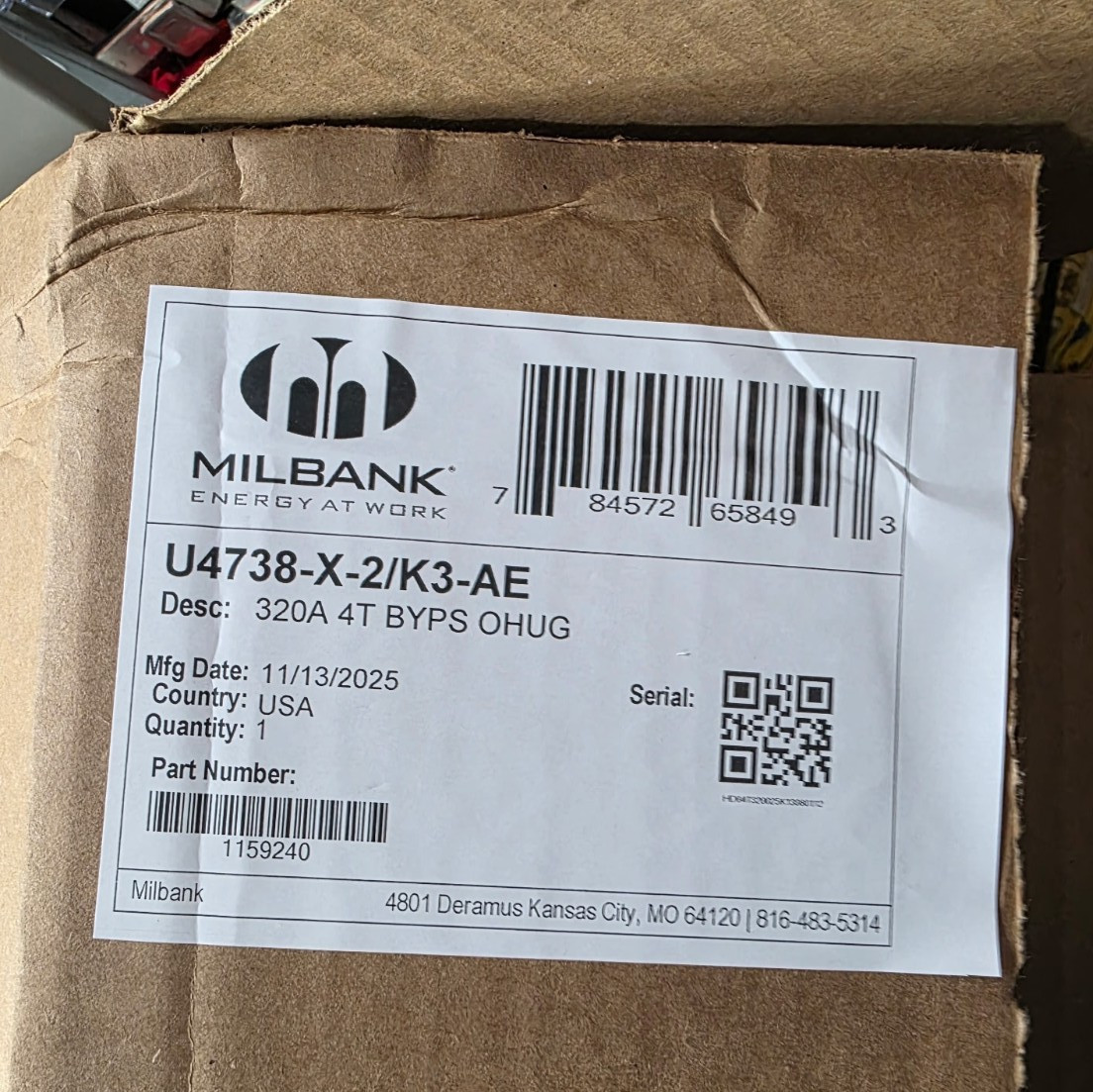 MILBANK U4738-X-2/K3-AE RINGLESS METER SOCKET 320 AMP 4-JAW NEW IN BOX