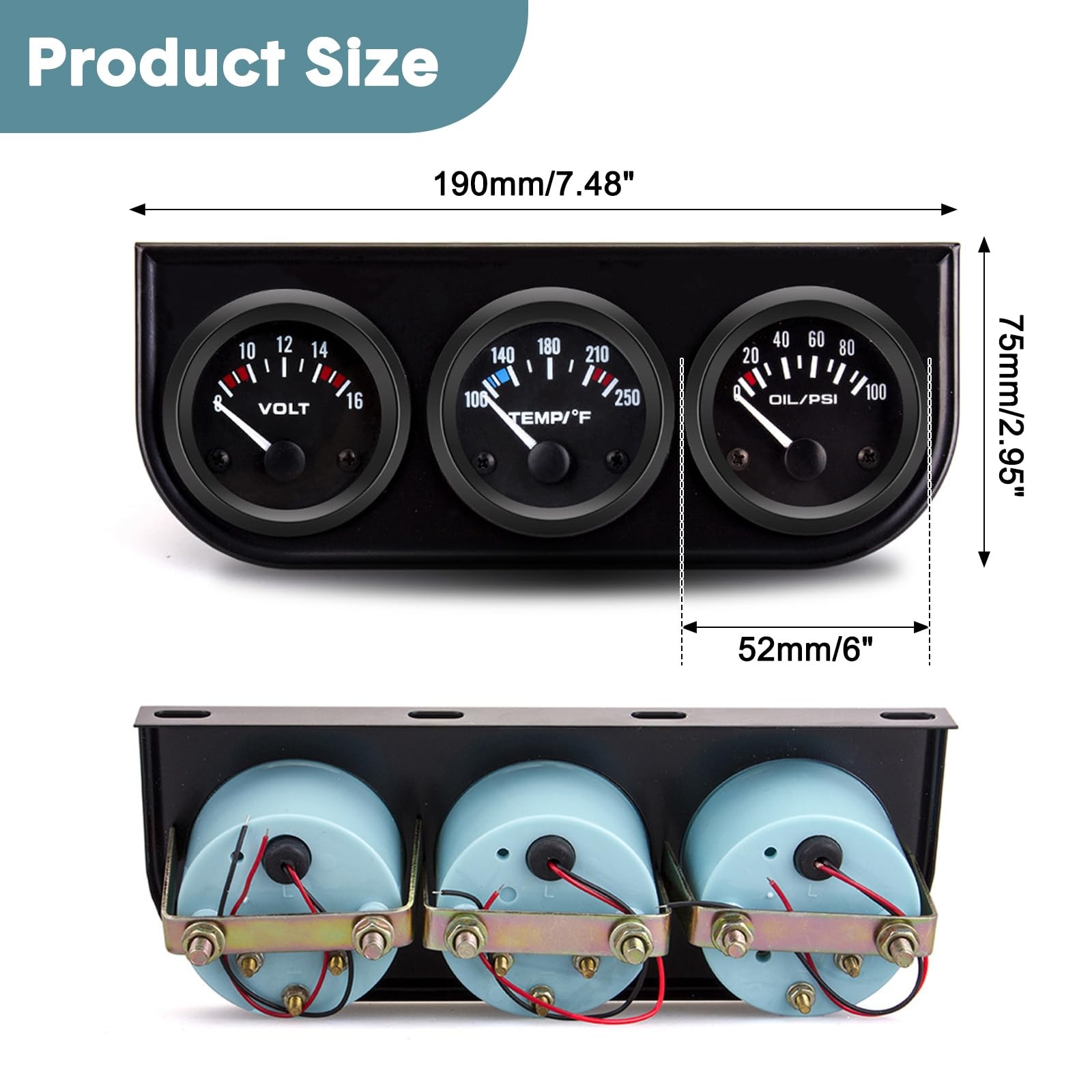 52mm 3 in 1 Car Auto Gauge Kit (Volt Meter+Water Temp+Oil Pressure Meter) Sta…